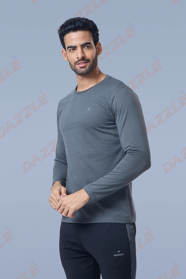 ROUND NECK FULL SLEEVES T- SHIRT - DARK GREY