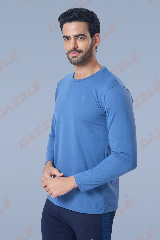 ROUND NECK FULL SLEEVES T- SHIRT - BLUE GREY
