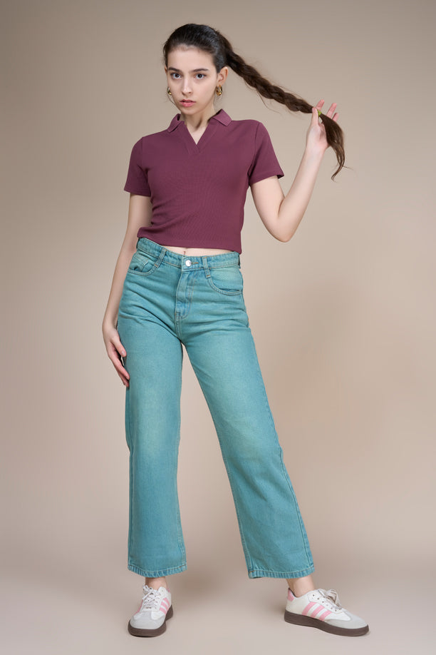 Women Textured Regular Fit Crop Polo T-shirt with COTEX