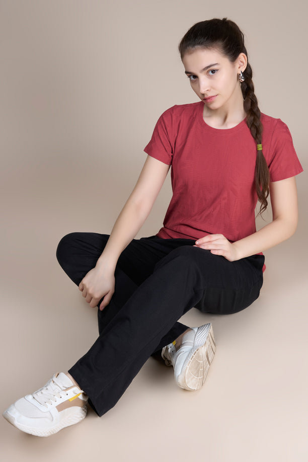 Women Textured Regular Fit Round Neck T-shirt with COOLEX