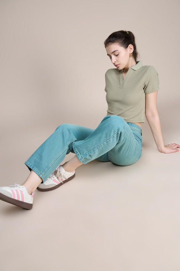 Women Textured Regular Fit Crop Polo T-shirt with COTEX