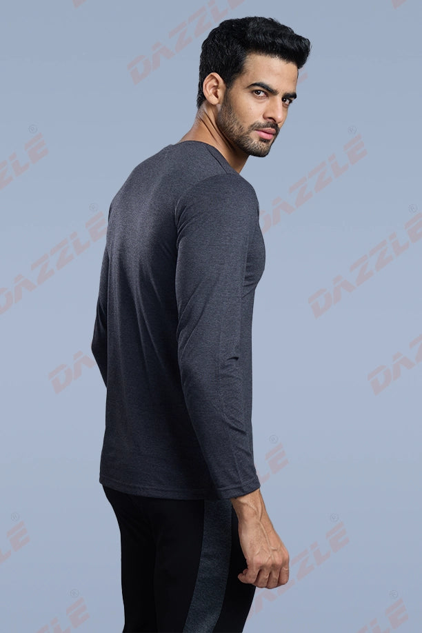 ROUND NECK FULL SLEEVES T- SHIRT - MELANGE BLACK