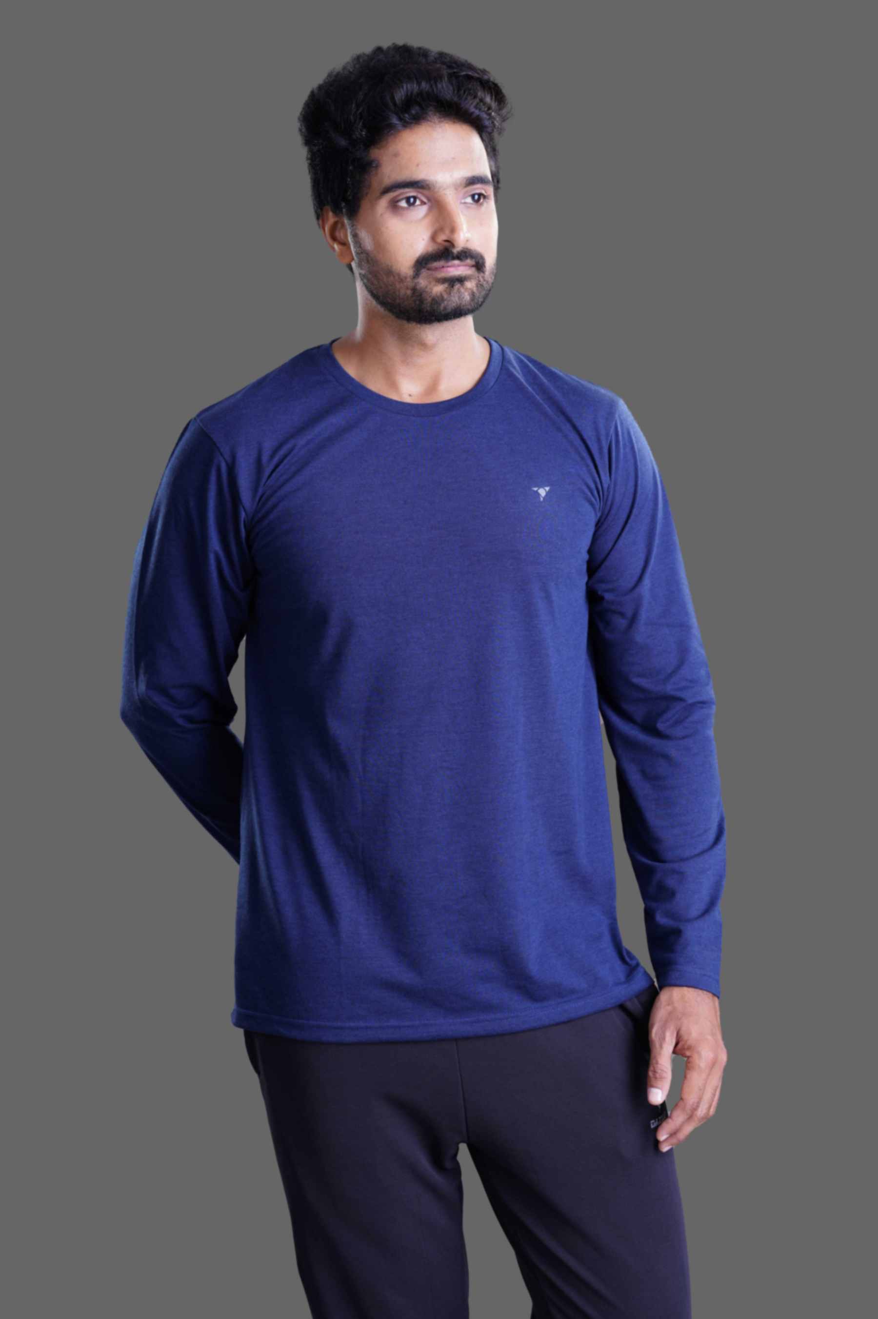 ROUND NECK FULL SLEEVES T- SHIRT - NAVY BLUE