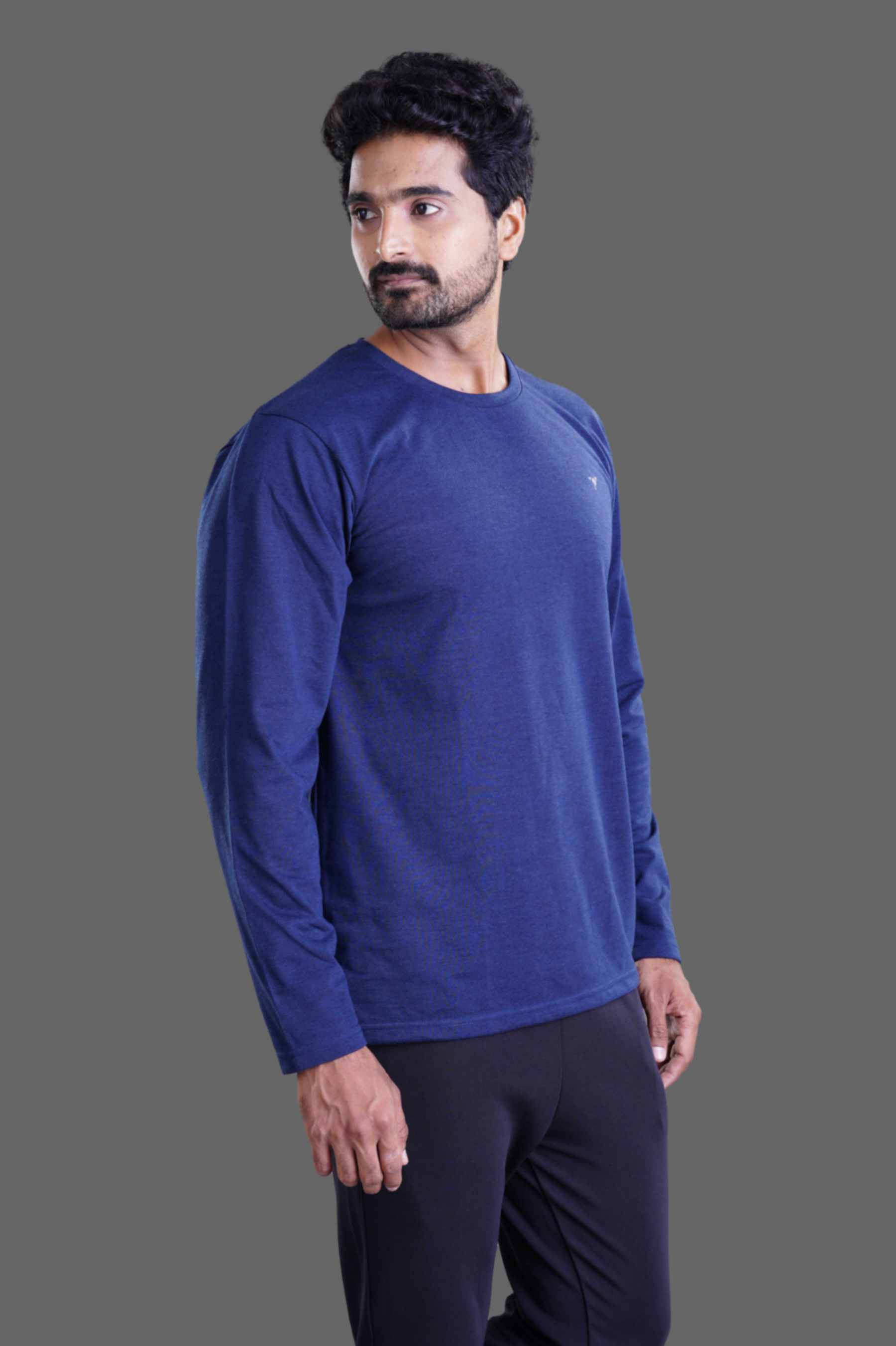 ROUND NECK FULL SLEEVES T- SHIRT - NAVY BLUE