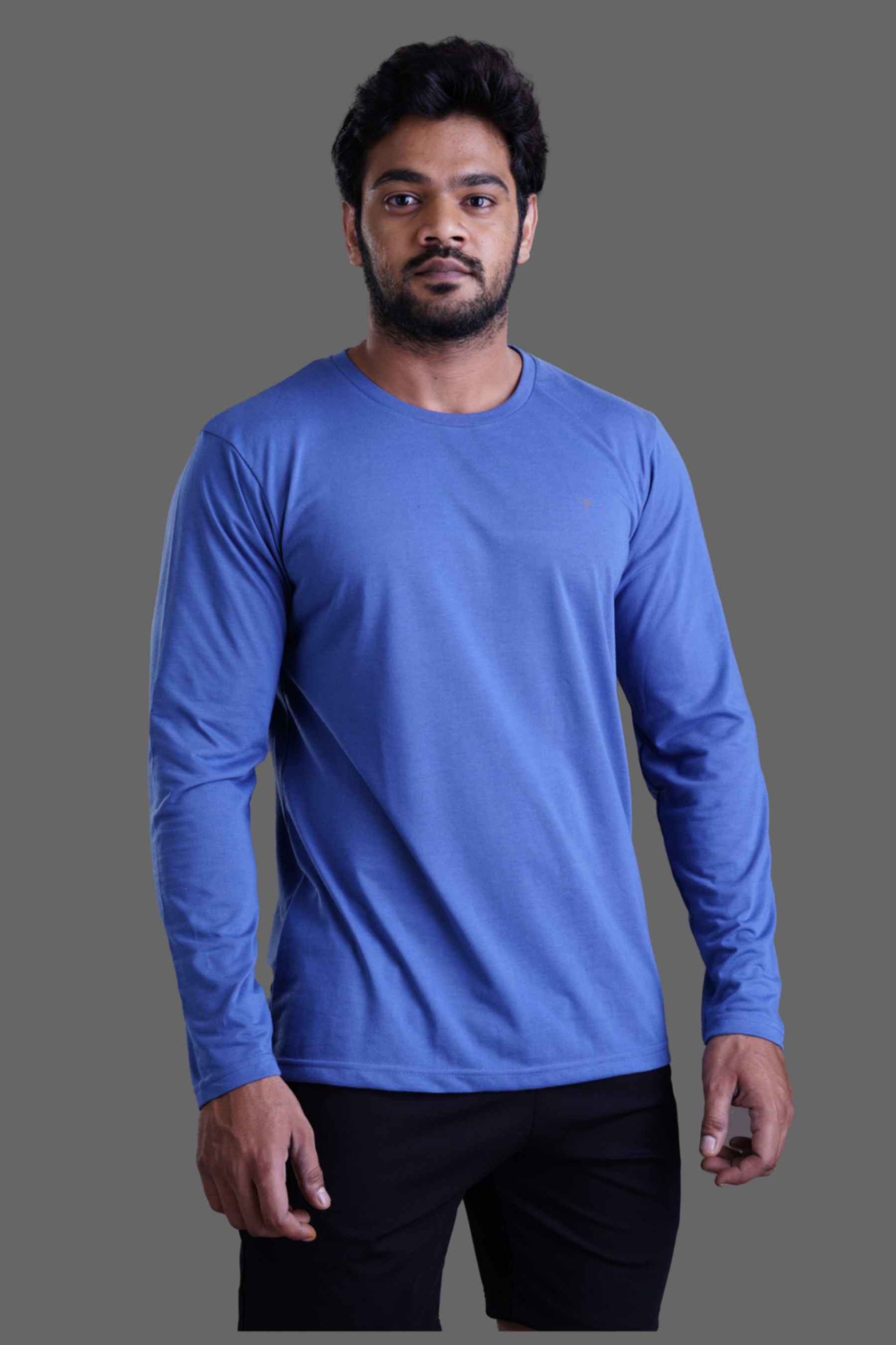 ROUND NECK FULL SLEEVES T- SHIRT - BLUE GREY