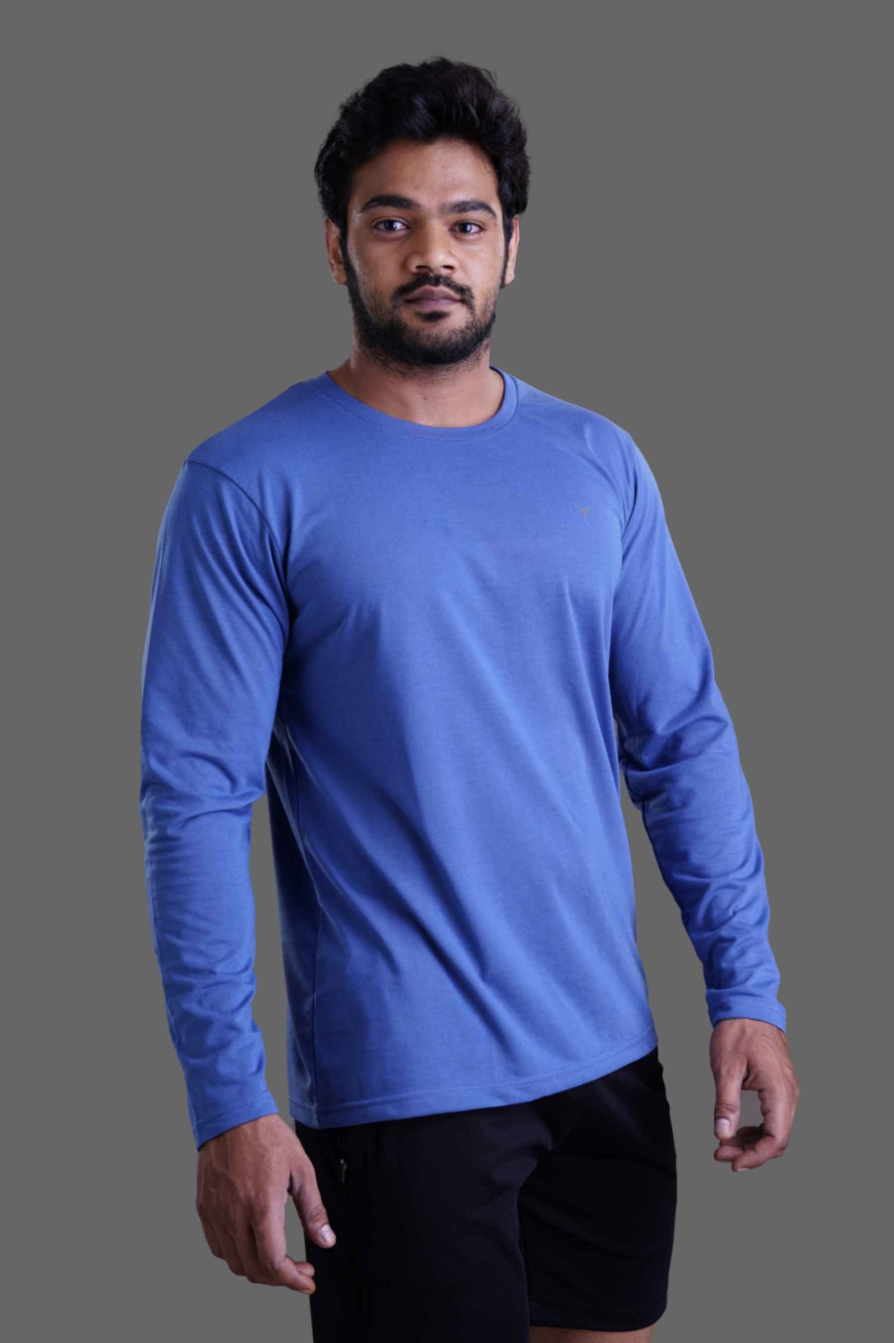 ROUND NECK FULL SLEEVES T- SHIRT - BLUE GREY