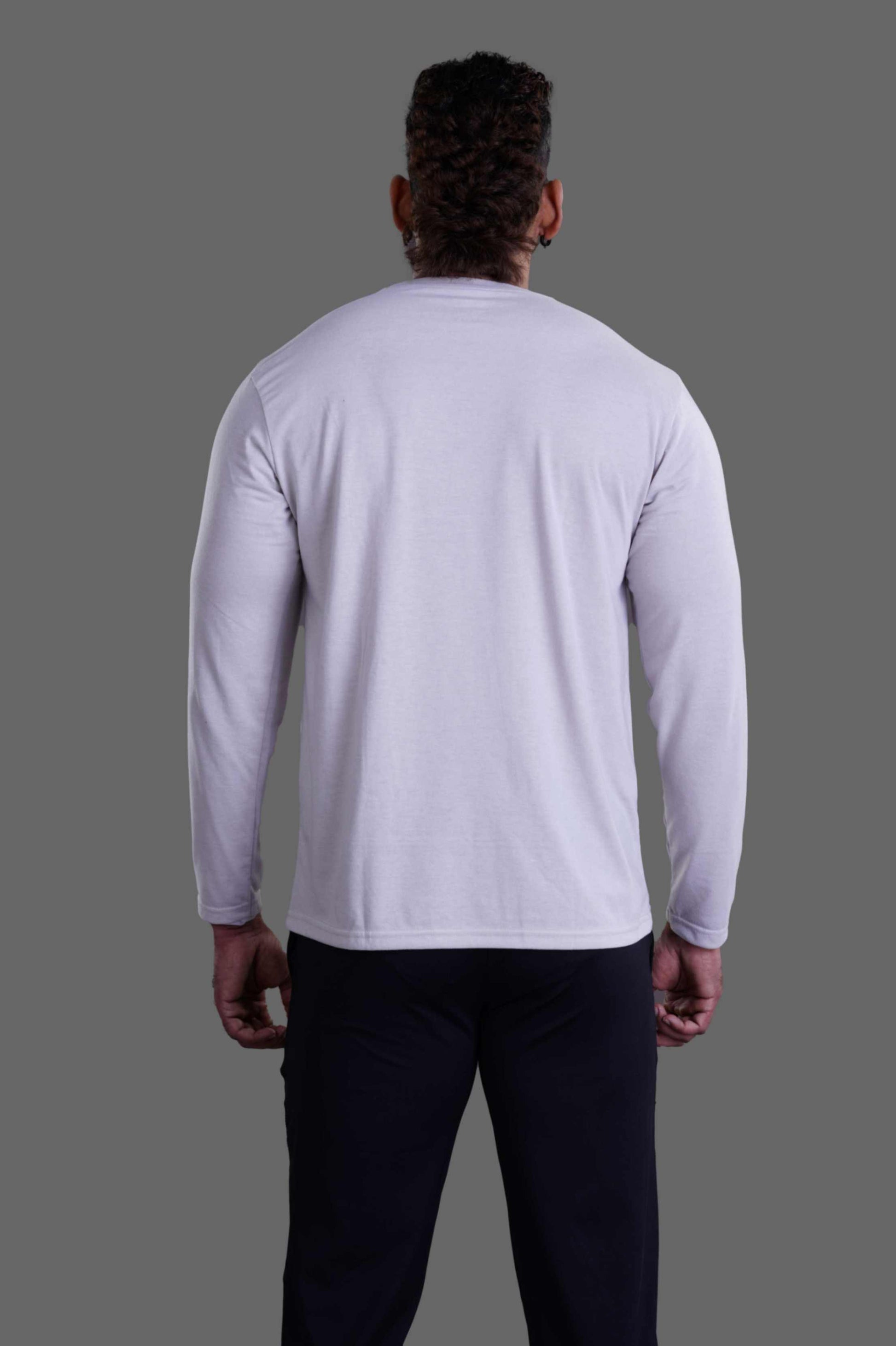 ROUND NECK FULL SLEEVES T- SHIRT - LIGHT GREY
