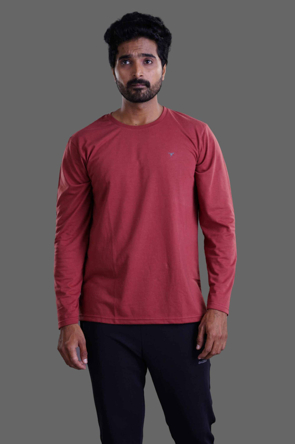 ROUND NECK FULL SLEEVES T- SHIRT - BRICK RED