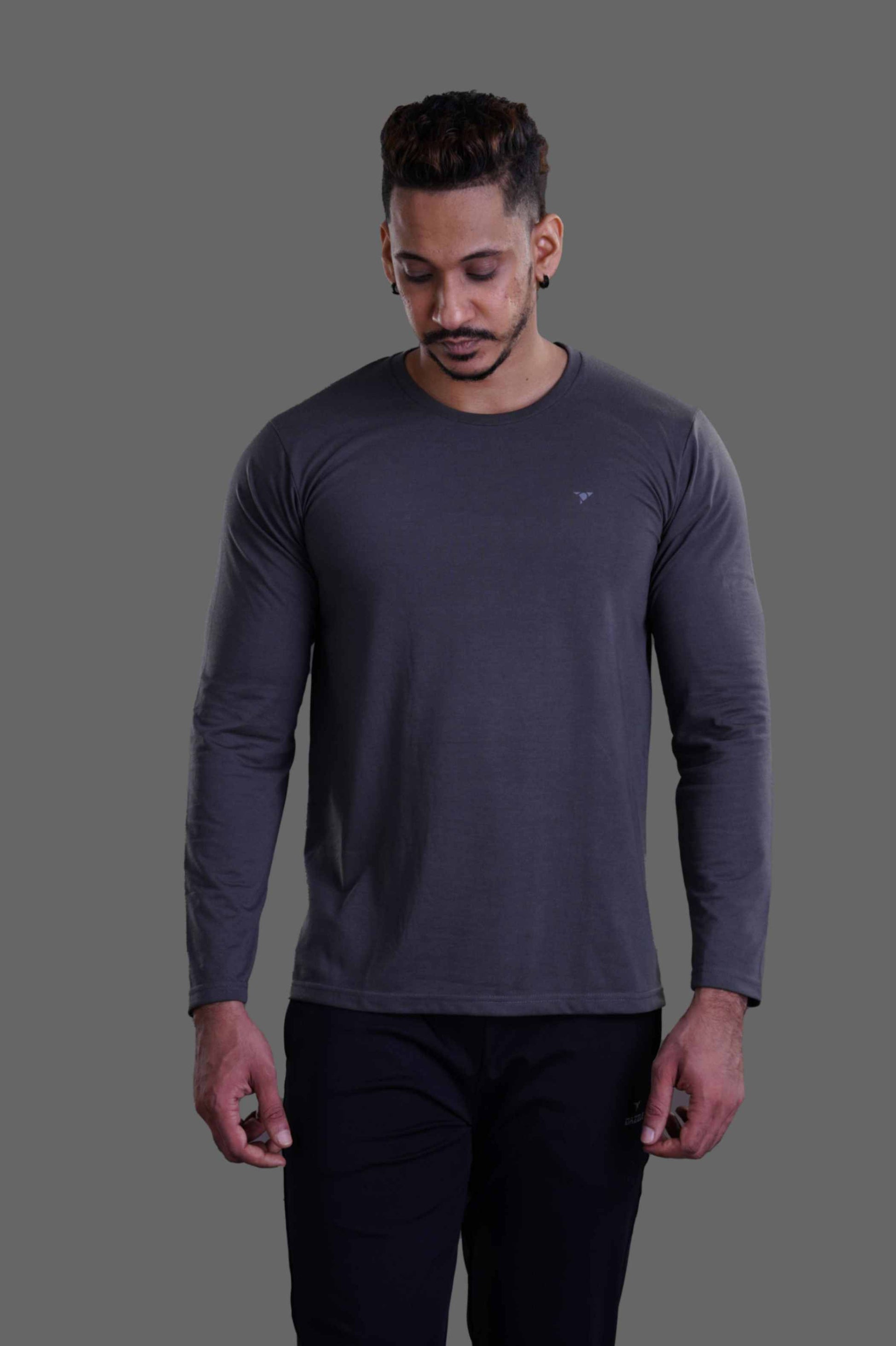 ROUND NECK FULL SLEEVES T- SHIRT - MELANGE BLACK