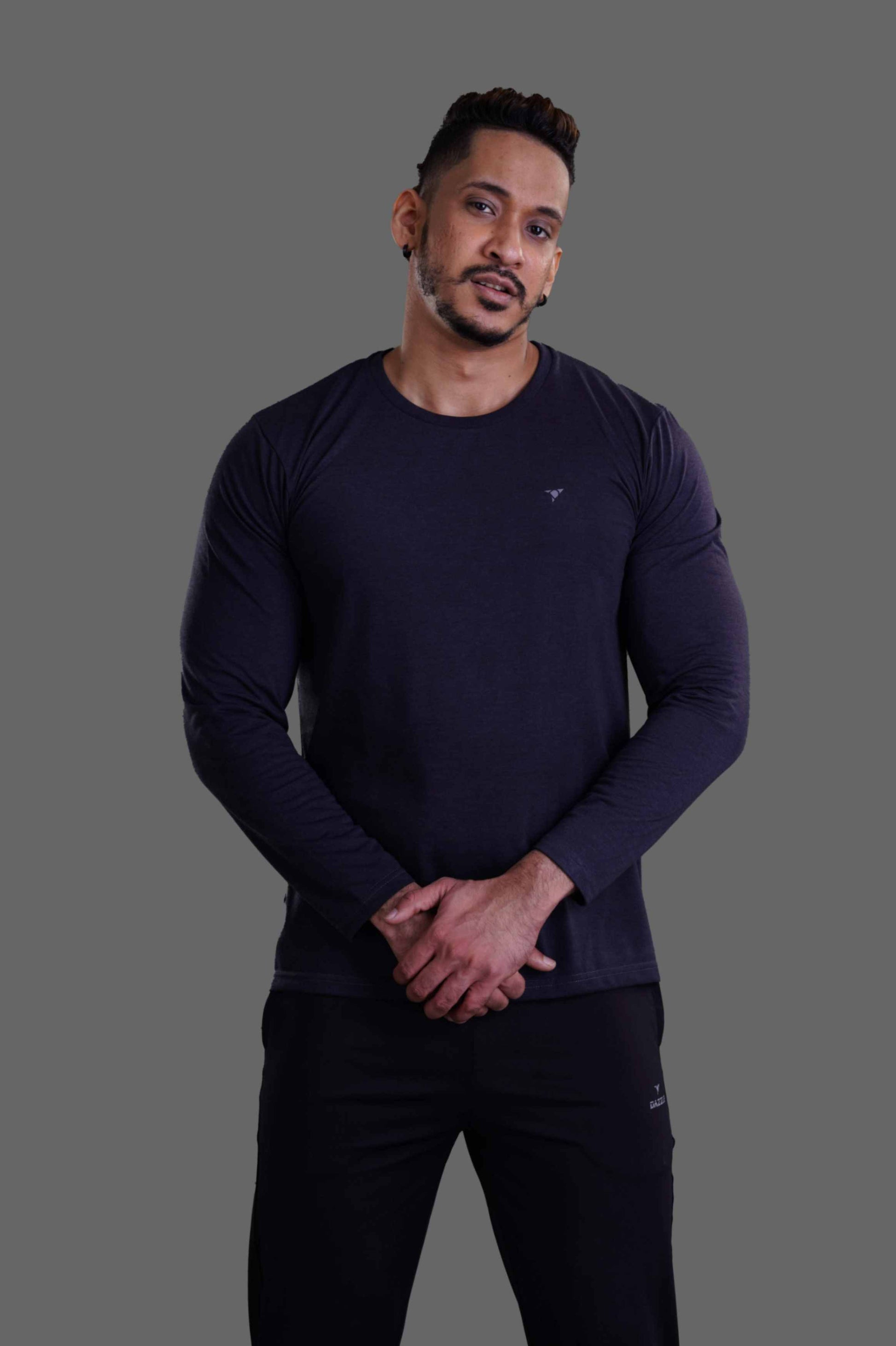 ROUND NECK FULL SLEEVES T- SHIRT - MELANGE BLACK