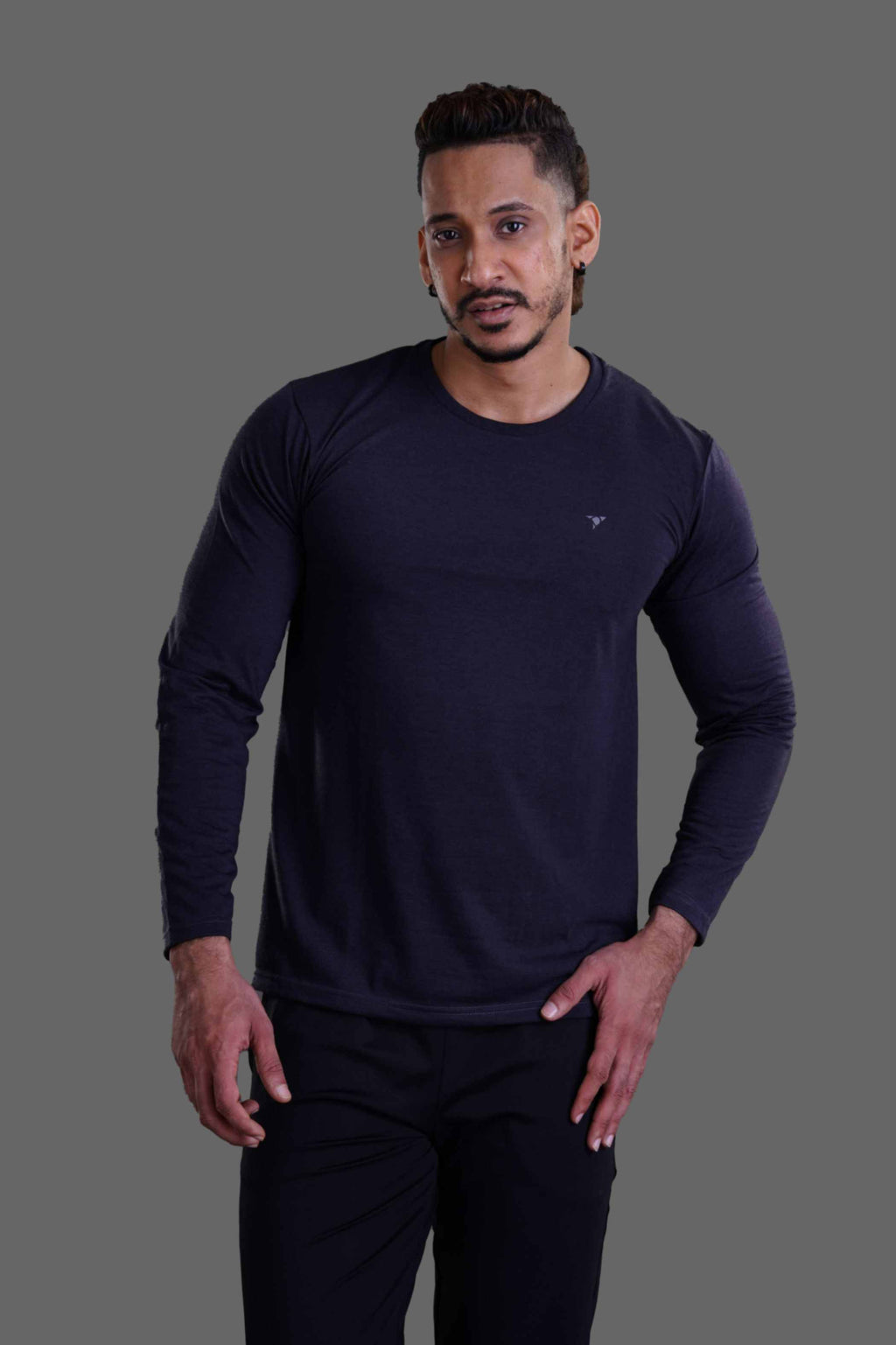 ROUND NECK FULL SLEEVES T- SHIRT - MELANGE BLACK