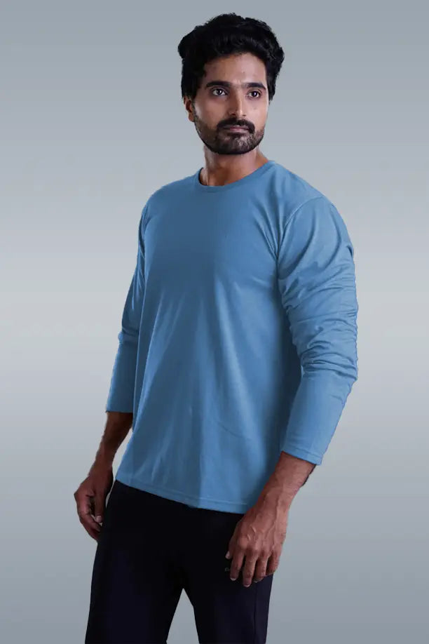 ROUND NECK FULL SLEEVES T- SHIRT - SKY BLUE