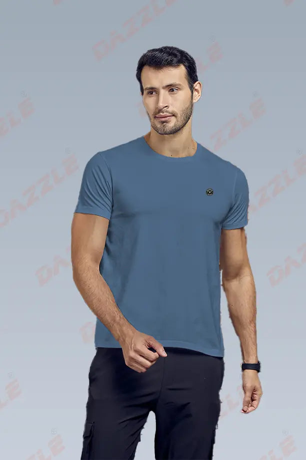 COTTON LYCRA CREW NECK T-SHIRT - BLUE GREY
