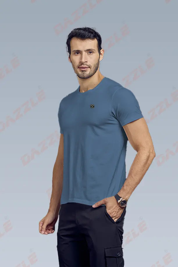 COTTON LYCRA CREW NECK T-SHIRT - BLUE GREY