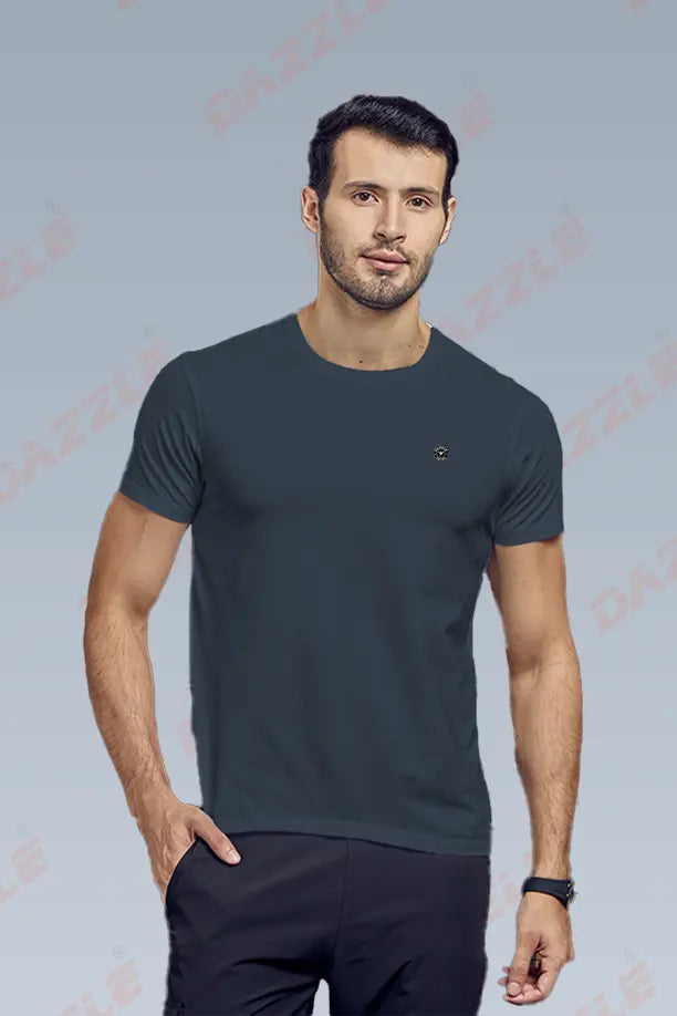 COTTON LYCRA CREW NECK T-SHIRT -  MELANG BLUE