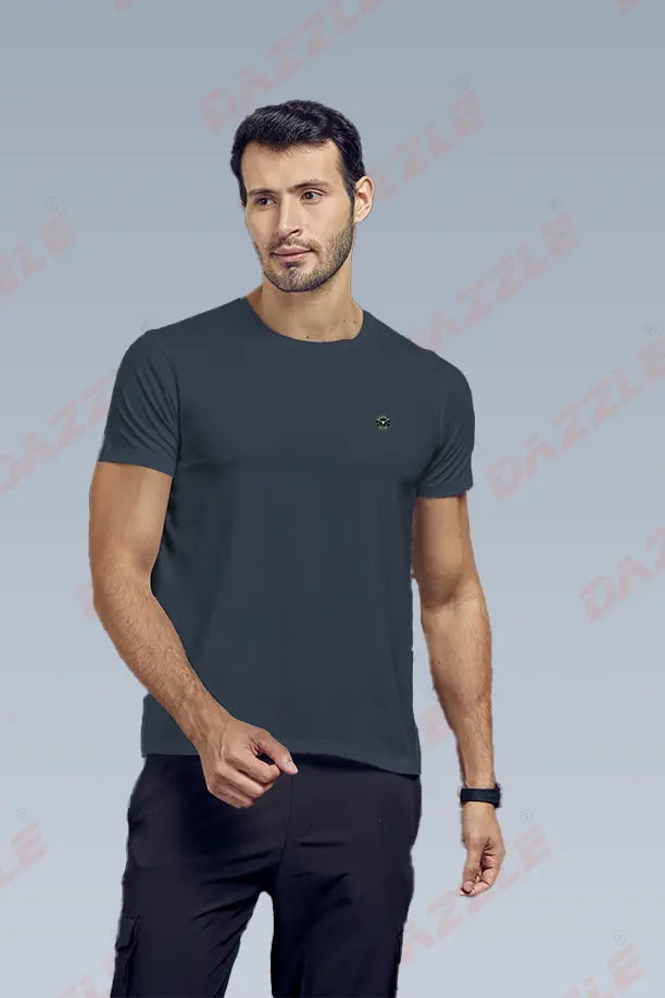 COTTON LYCRA CREW NECK T-SHIRT -  MELANG BLUE