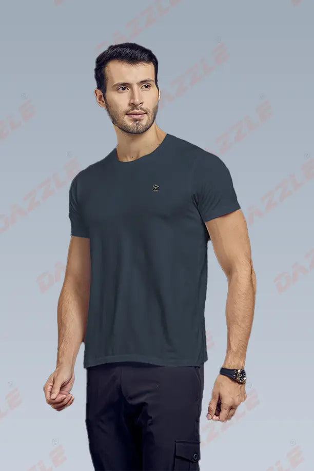 COTTON LYCRA CREW NECK T-SHIRT -  MELANG BLUE