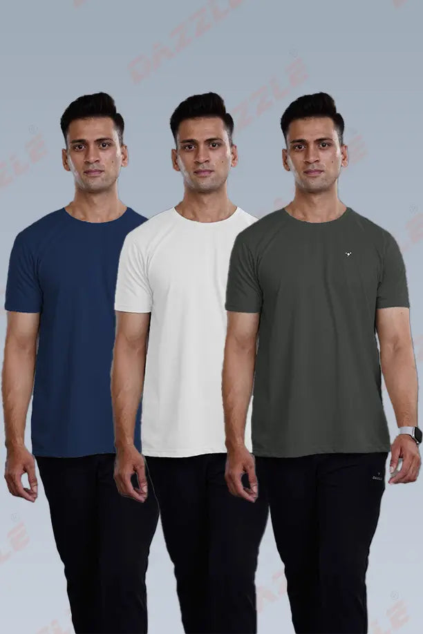 CRAZY ROUND NECK T SHIRTS COMBO PACK OF 3 - ROYAL BLUE - WHITE - DARK GREY