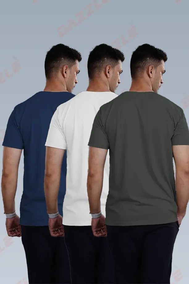 CRAZY ROUND NECK T SHIRTS COMBO PACK OF 3 - ROYAL BLUE - WHITE - DARK GREY