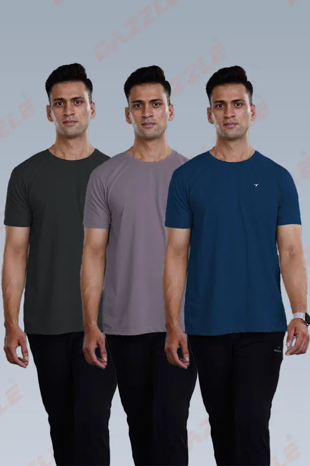 CRAZY ROUND NECK T SHIRTS COMBO PACK OF 3 NAVY BLUE - PALE PURPLE - BROWN