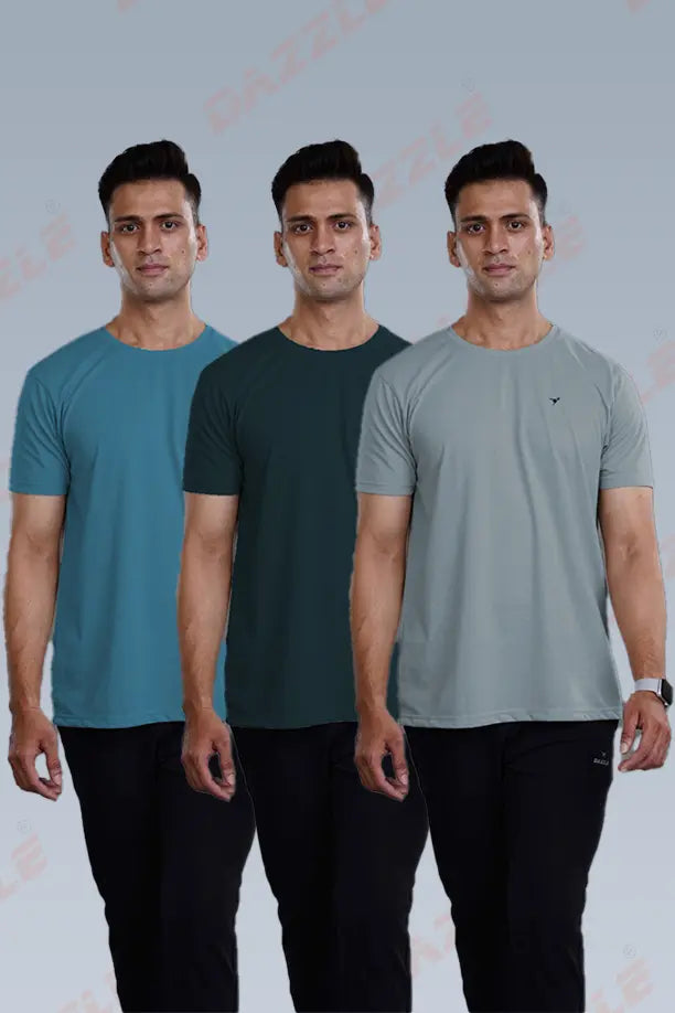 CRAZY ROUND NECK T SHIRTS COMBO PACK OF 3 BOTTLE GREEN - LIGHT GREY - SEA BLUE