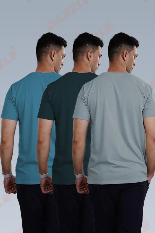 CRAZY ROUND NECK T SHIRTS COMBO PACK OF 3 BOTTLE GREEN - LIGHT GREY - SEA BLUE