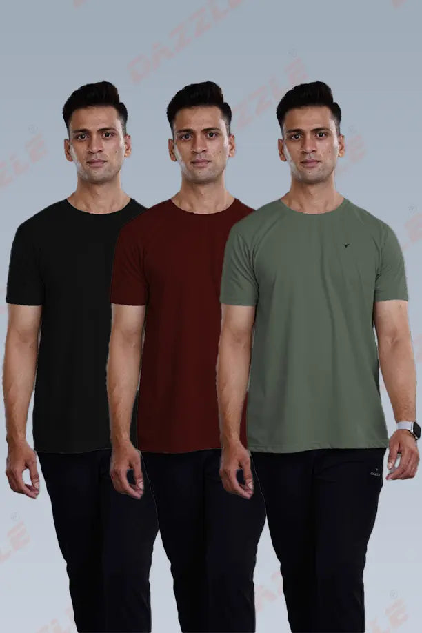 CRAZY ROUND NECK T SHIRTS COMBO PACK OF 3 OLIVE GREEN - MAROON - BLACK