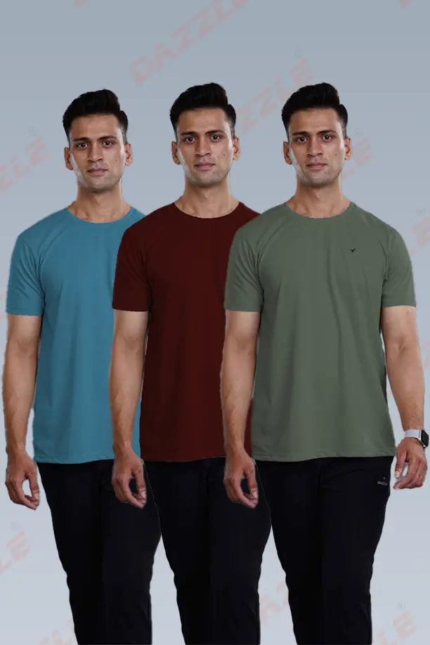 CRAZY ROUND NECK T SHIRTS COMBO PACK OF 3 OLIVE GREEN - SEA BLUE - MAROON