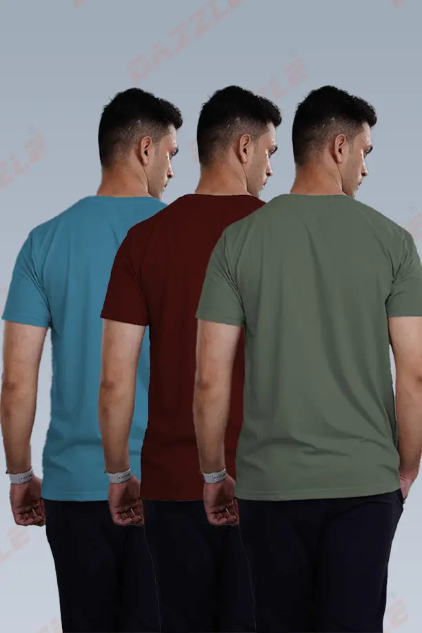 CRAZY ROUND NECK T SHIRTS COMBO PACK OF 3 OLIVE GREEN - SEA BLUE - MAROON