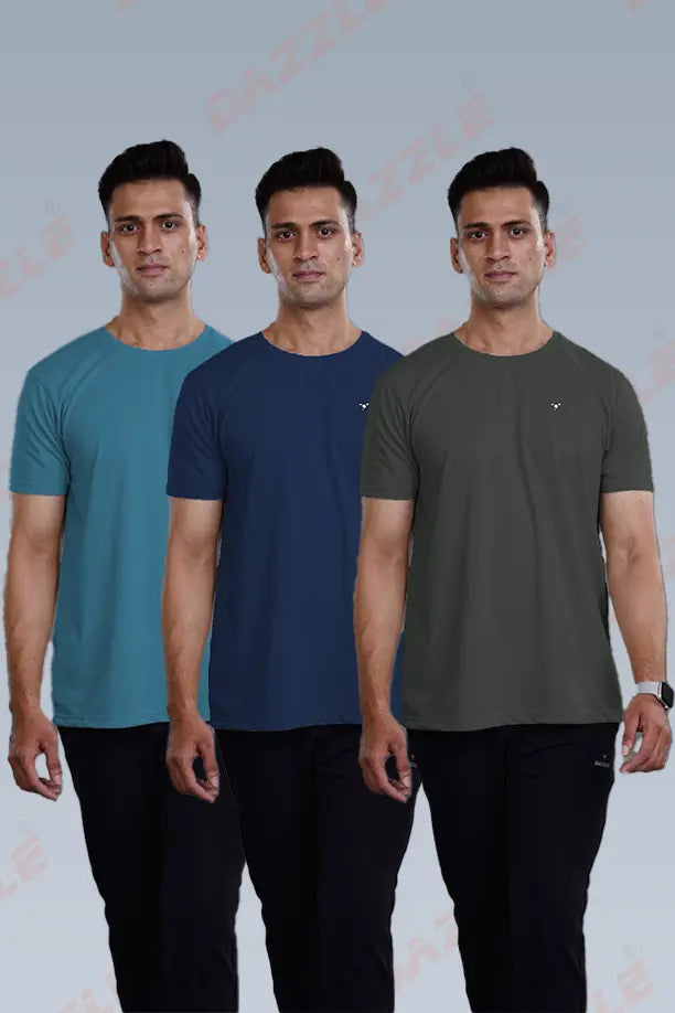 CRAZY ROUND NECK T SHIRTS COMBO PACK OF 3 DARK GREY - SEA BLUE - ROYAL BLUE