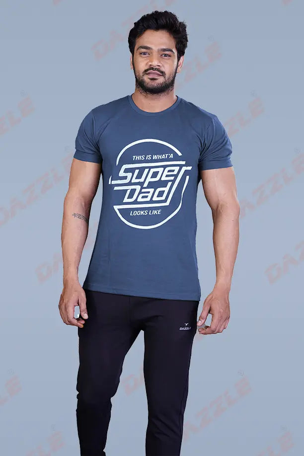 PRINTED ROUND NECK T-SHIRT PRINT - SUPER DAD-NAVY BLUE