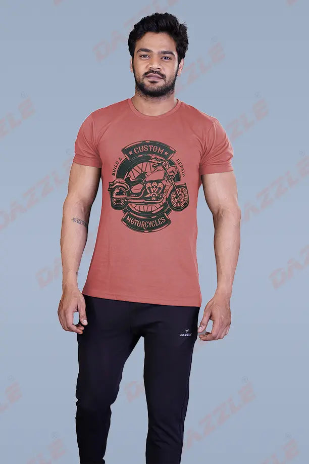 PRINTED ROUND NECK T-SHIRT PRINT - MOTOR CYCLES-BRICK RED