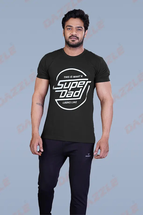 PRINTED ROUND NECK T-SHIRT PRINT-SUPER DAD-BLACK