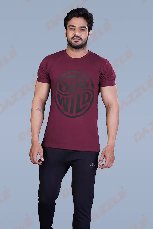 PRINTED ROUND NECK T-SHIRT PRINT - STAY WILD - ITALIAN PLUM