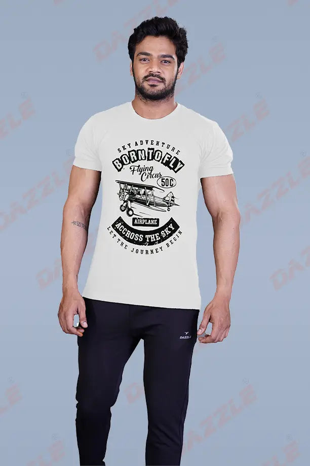 PRINTED ROUND NECK T-SHIRT PRINT - BORN TO FLY - WHITE