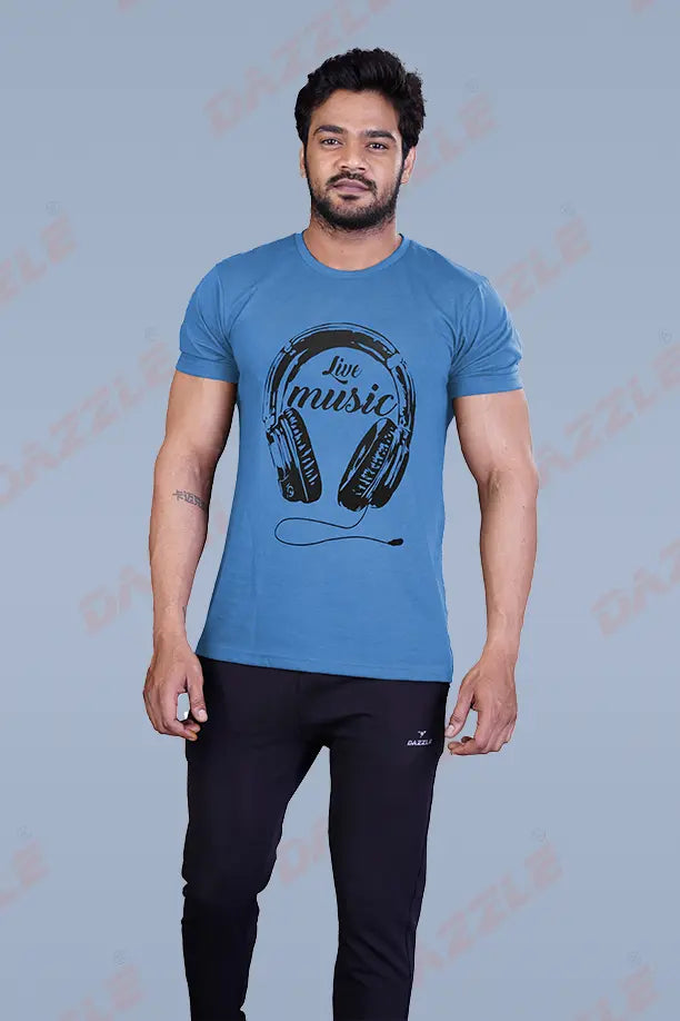 PRINTED ROUND NECK T-SHIRT PRINT - LIVE MUSIC - BLUE GREY
