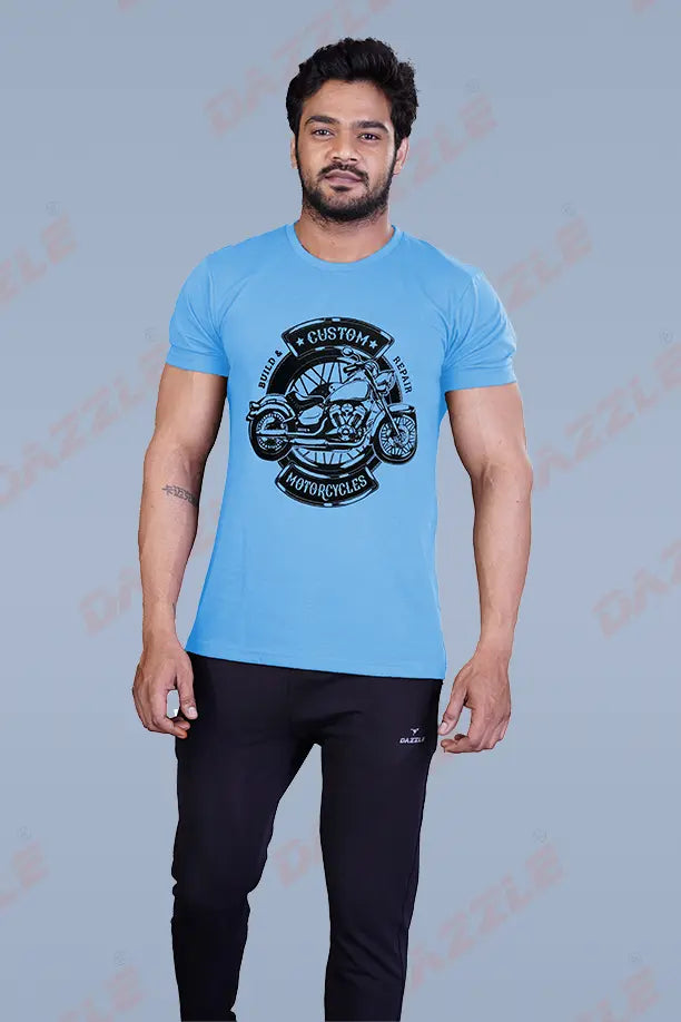 PRINTED ROUND NECK T-SHIRT PRINT - MOTOR CYCLES-SKY BLUE