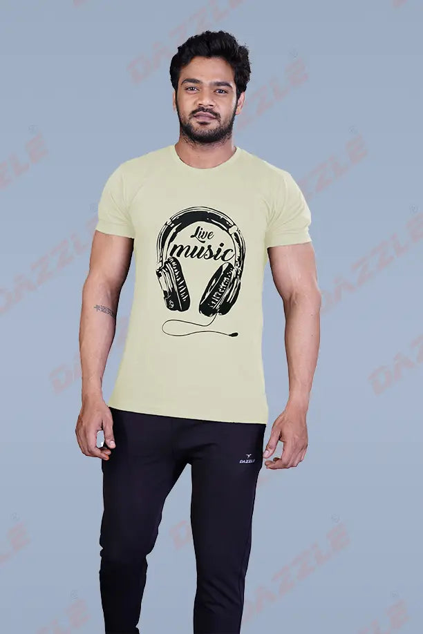 PRINTED ROUND NECK T-SHIRT PRINT - LIVE MUSIC-LIGHT GREY