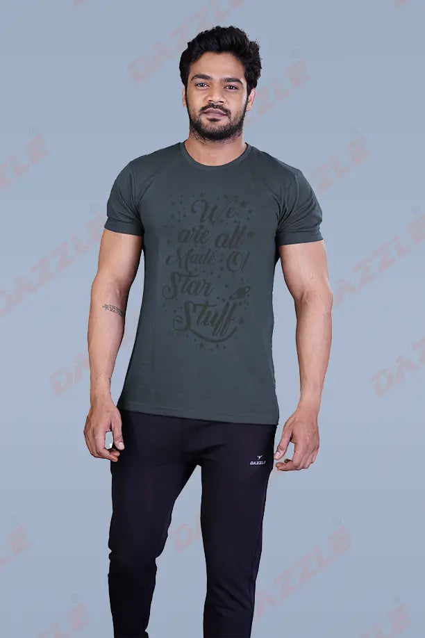 PRINTED ROUND NECK T-SHIRT PRINT - STAR STAFF-MELANGE BLACK