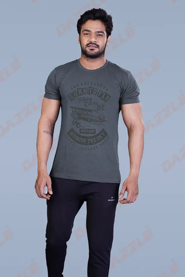 PRINTED ROUND NECK T-SHIRT PRINT - BORN TO FLY-MELANGE BLACK