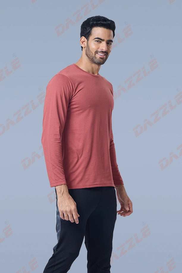 ROUND NECK FULL SLEEVES T- SHIRT - BRICK RED