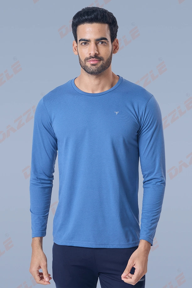 ROUND NECK FULL SLEEVES T- SHIRT - BLUE GREY