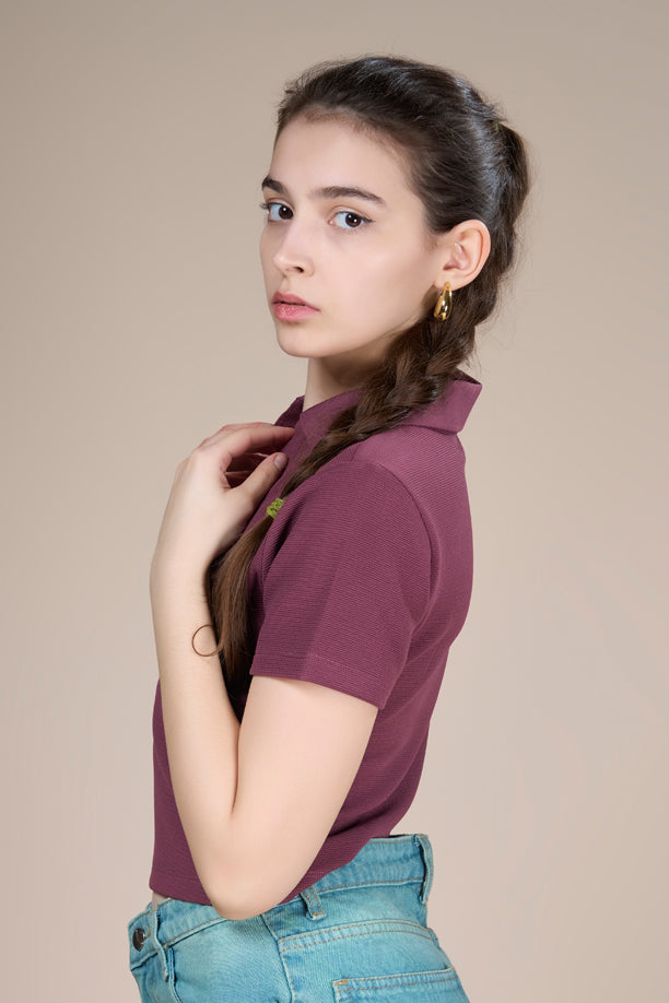 Women Textured Regular Fit Crop Polo T-shirt with COTEX