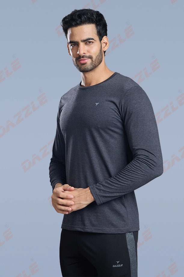 ROUND NECK FULL SLEEVES T- SHIRT - MELANGE BLACK