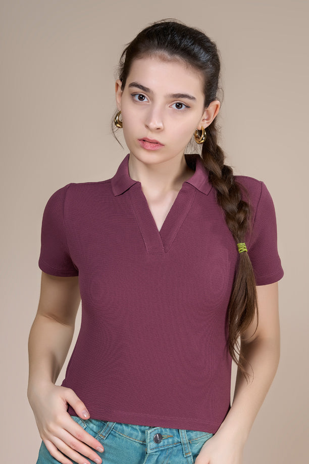 Women Textured Regular Fit Crop Polo T-shirt with COTEX