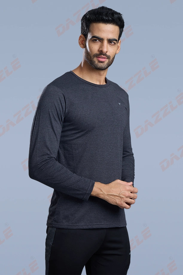 ROUND NECK FULL SLEEVES T- SHIRT - MELANGE BLACK