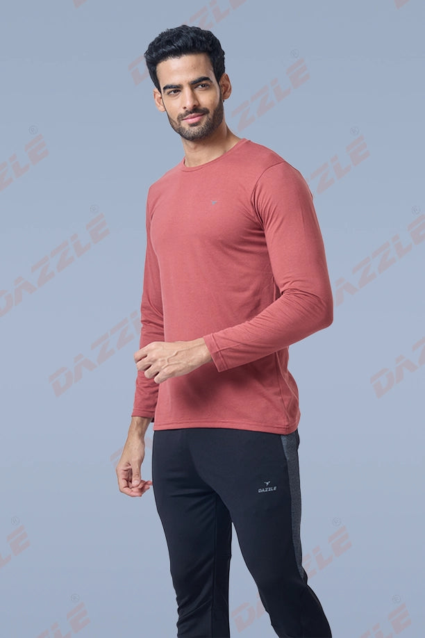 ROUND NECK FULL SLEEVES T- SHIRT - BRICK RED