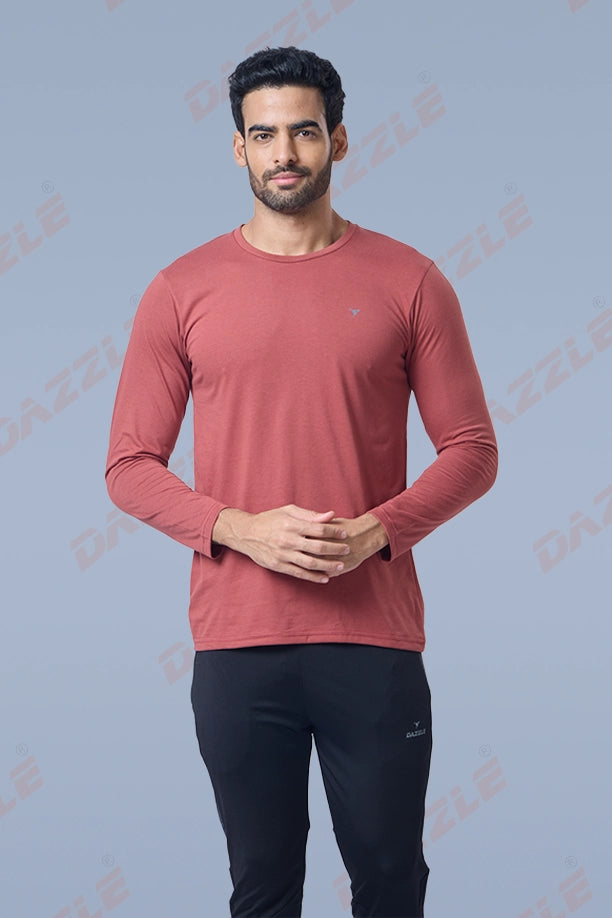 ROUND NECK FULL SLEEVES T- SHIRT - BRICK RED
