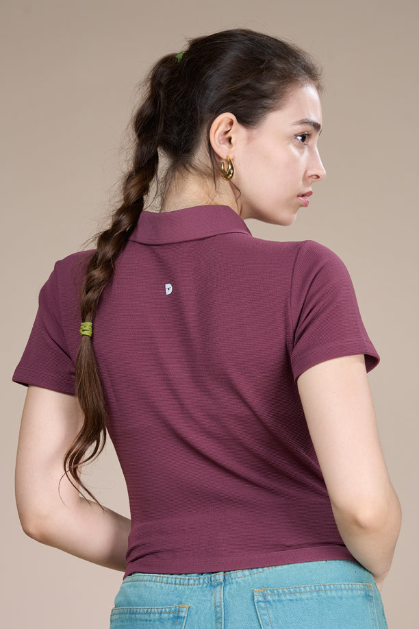 Women Textured Regular Fit Crop Polo T-shirt with COTEX