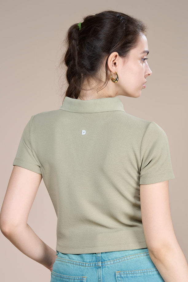 Women Textured Regular Fit Crop Polo T-shirt with COTEX